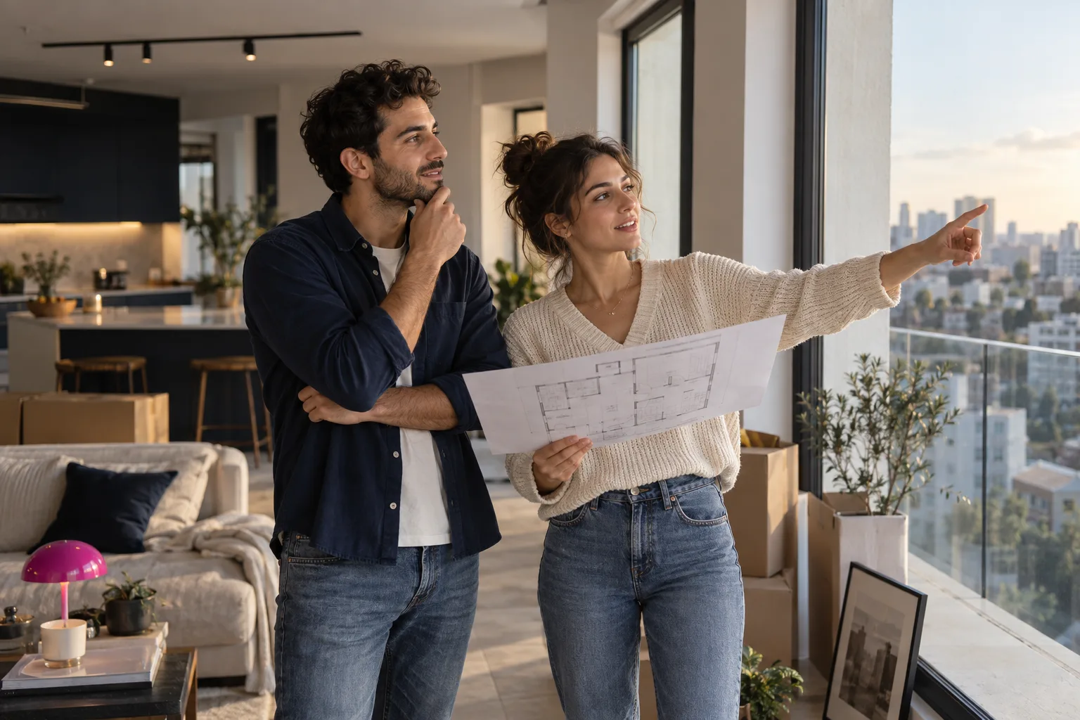 זוג צעיר בוחן יחד תכנית רכישת דירה בבית חדש