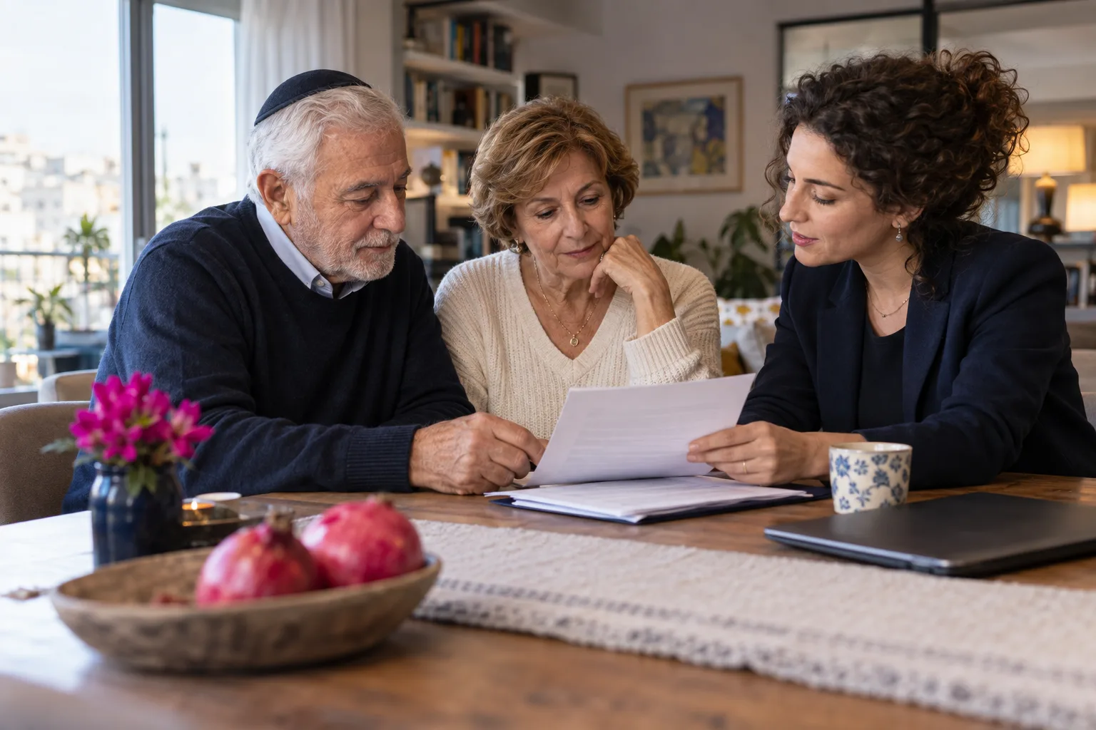 בני זוג מבוגרים משוחחים עם בן משפחה על תכנון פיננסי